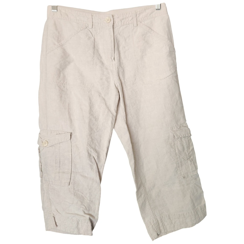 Chico's 100% Linen Cargo Pants Beige Cropped Elastic Womens 0.5 S 6 Pull on